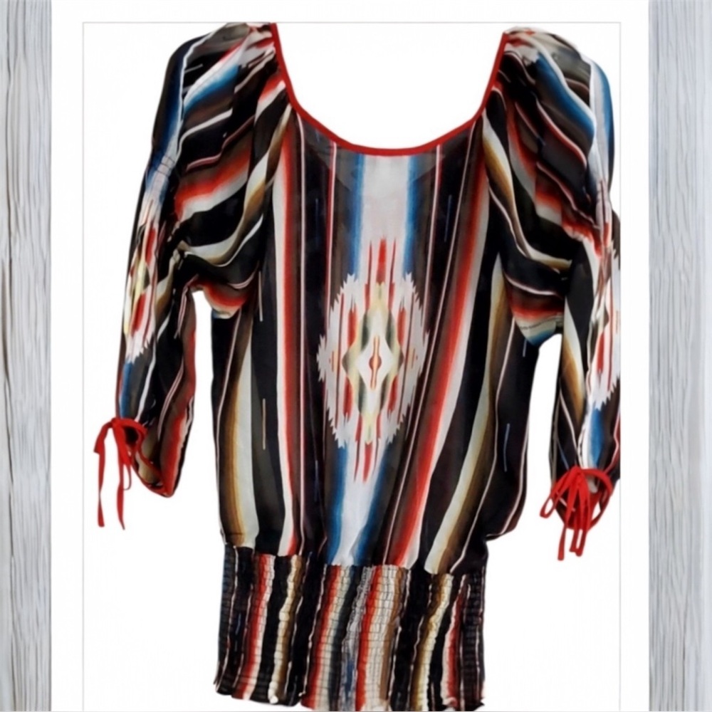 Boho Striped Tribal Peasant Blouse by Young Threads-NY  CIty Multicolor in Sz M
